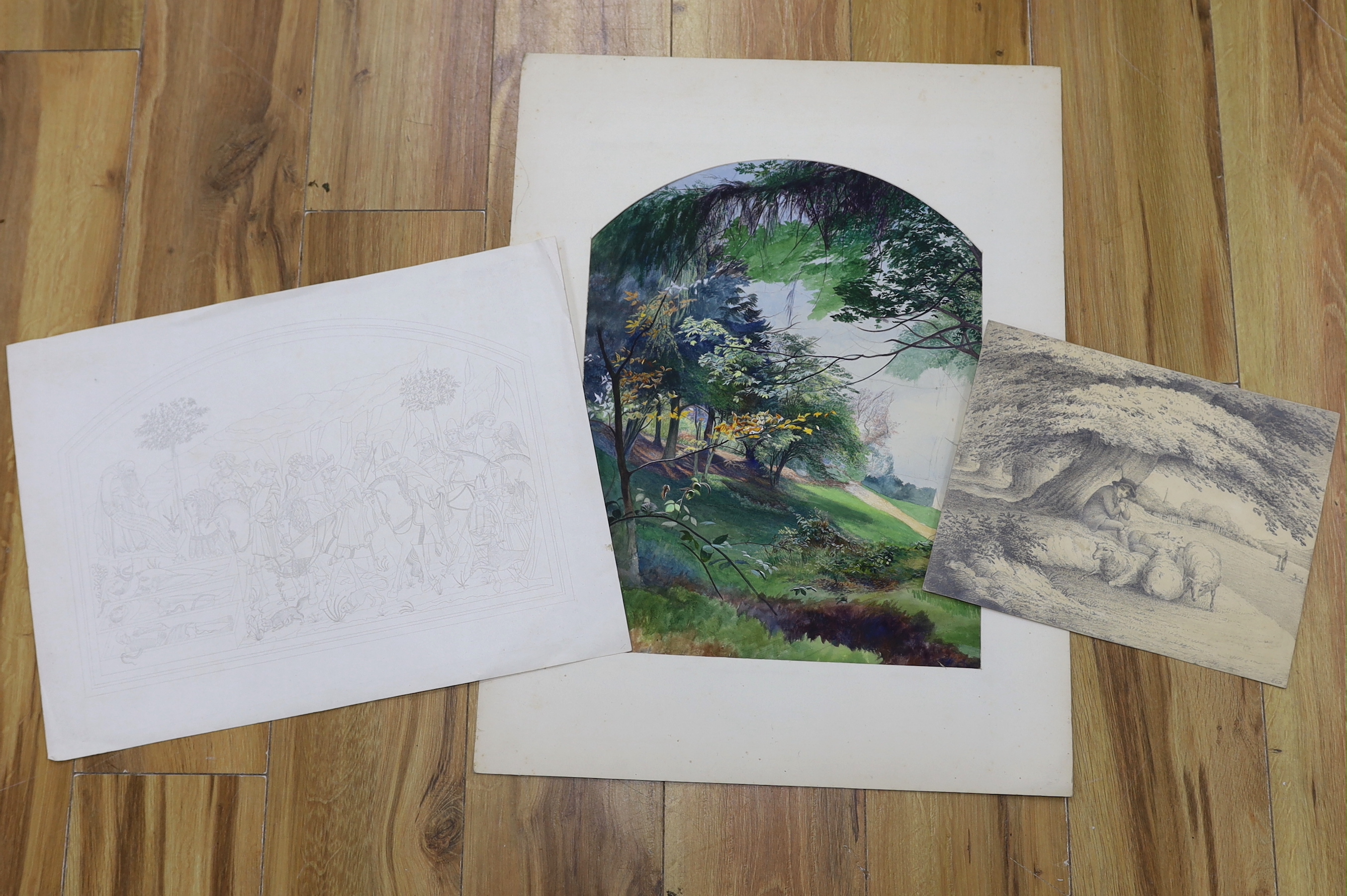Early 19th century English School, pencil on card, Pastoral landscape with shepherd and sheep, initialled E C J, watercolour of woodland landscape and a medieval style print, unframed, largest 43 x 33cm